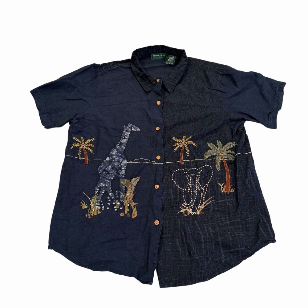 Women’s Lemon Grass Shirt Studio Safari Wildlife Embroidered Short Sleeve Medium